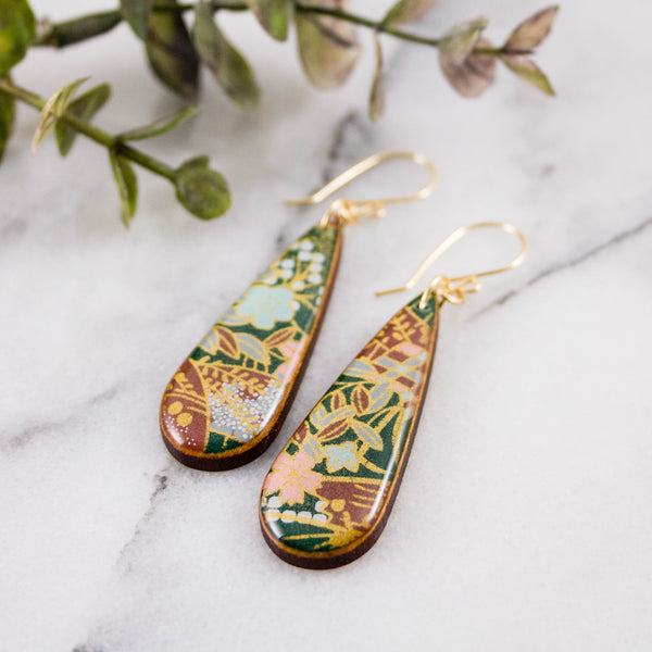 Deep Green Floral Teardrop Earrings