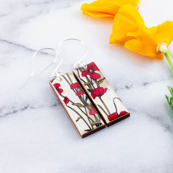 Art Nouveau Red Poppies Rectangle Earrings