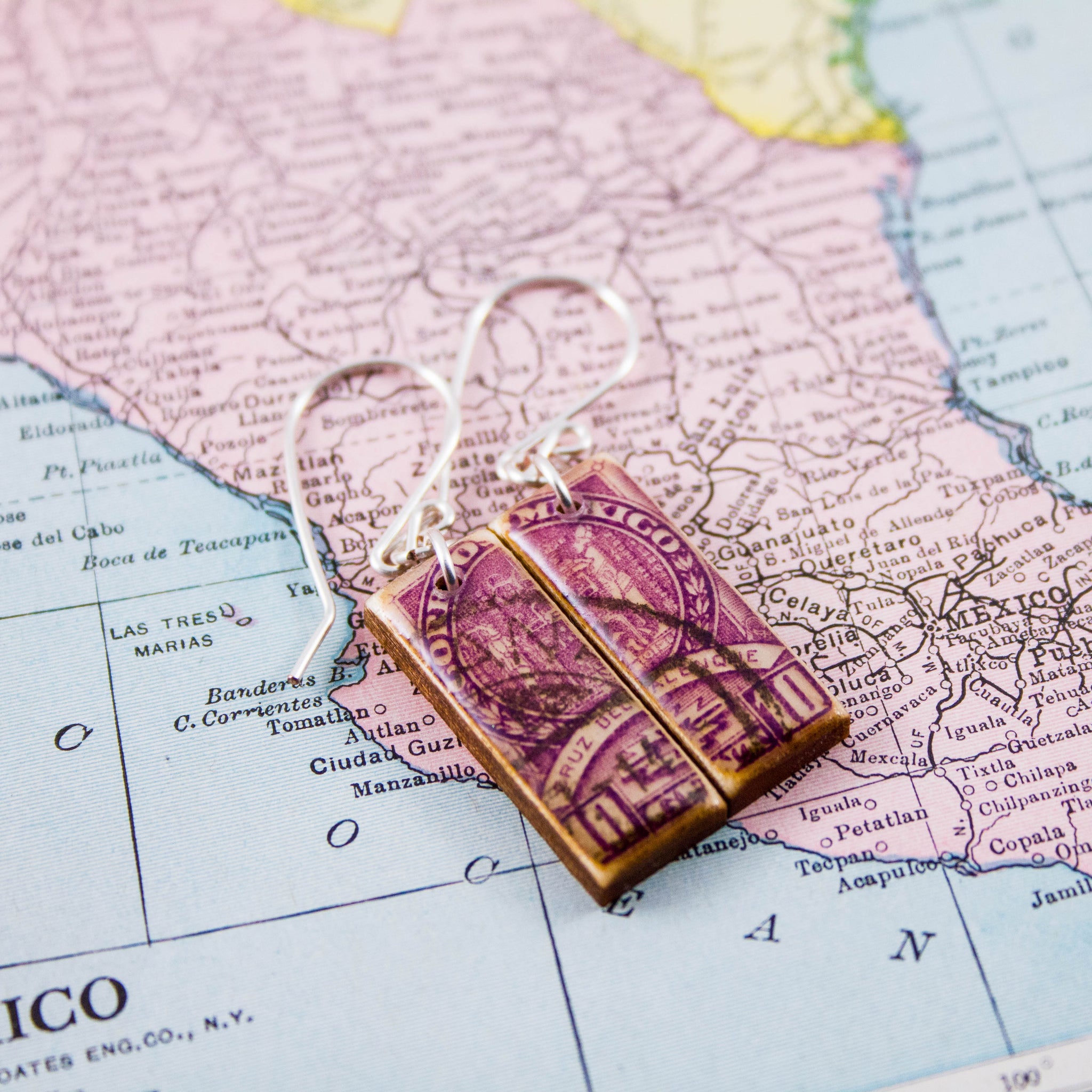 MEXICO- Antique Purple Postage Stamp Earrings