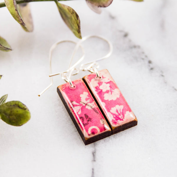 JAPAN - Vintage Pink Cherry Blossom Postage Stamp Earrings