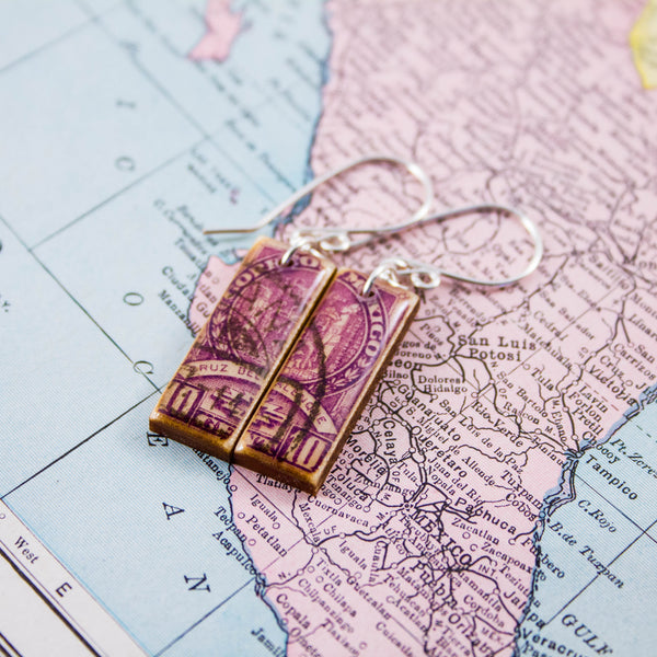 MEXICO- Antique Purple Postage Stamp Earrings