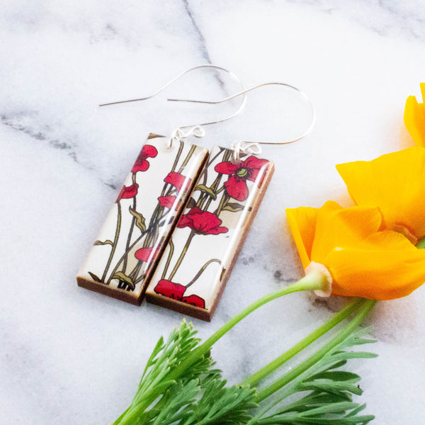 Art Nouveau Red Poppies Rectangle Earrings