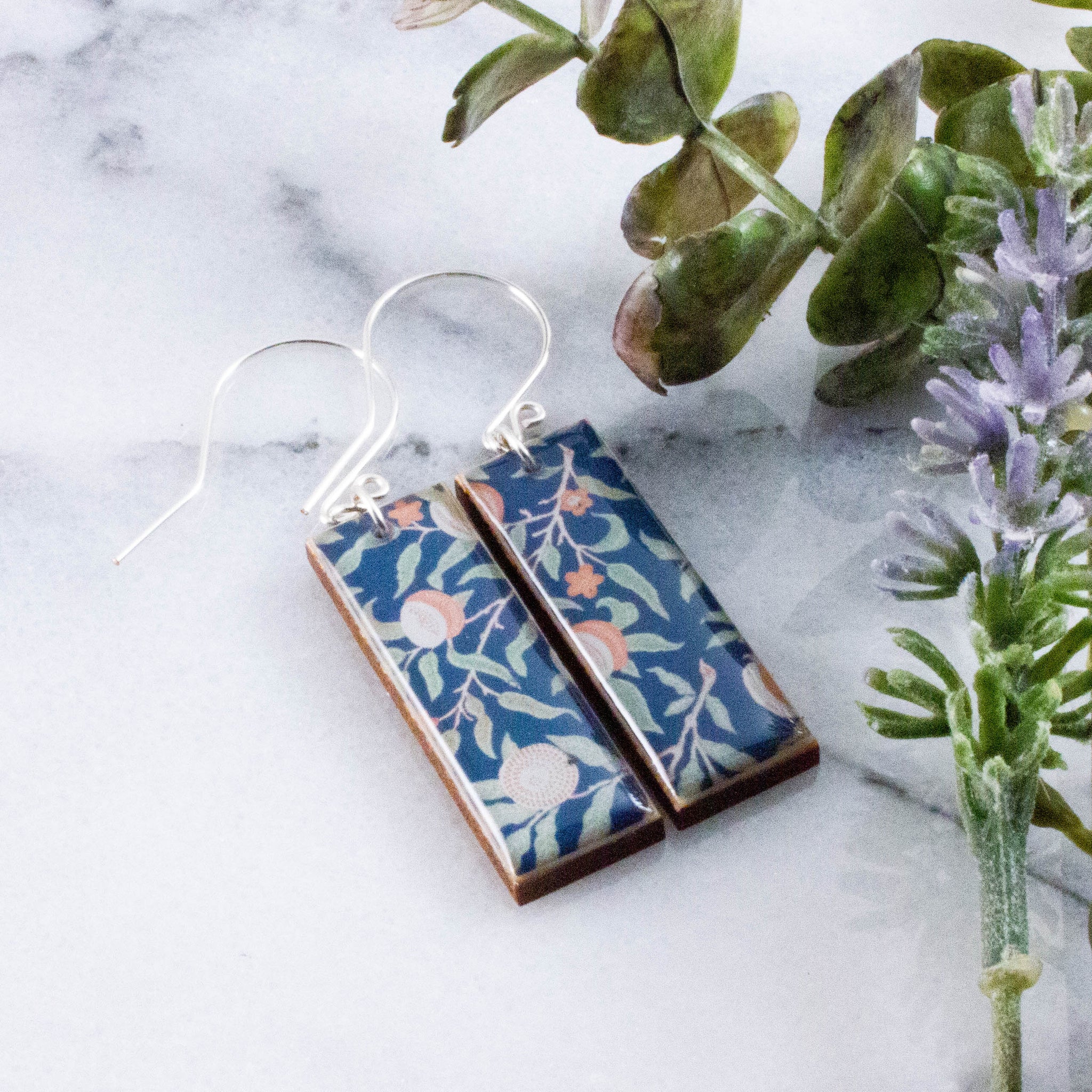 Muted Blue Rosehip Rectangle Earrings