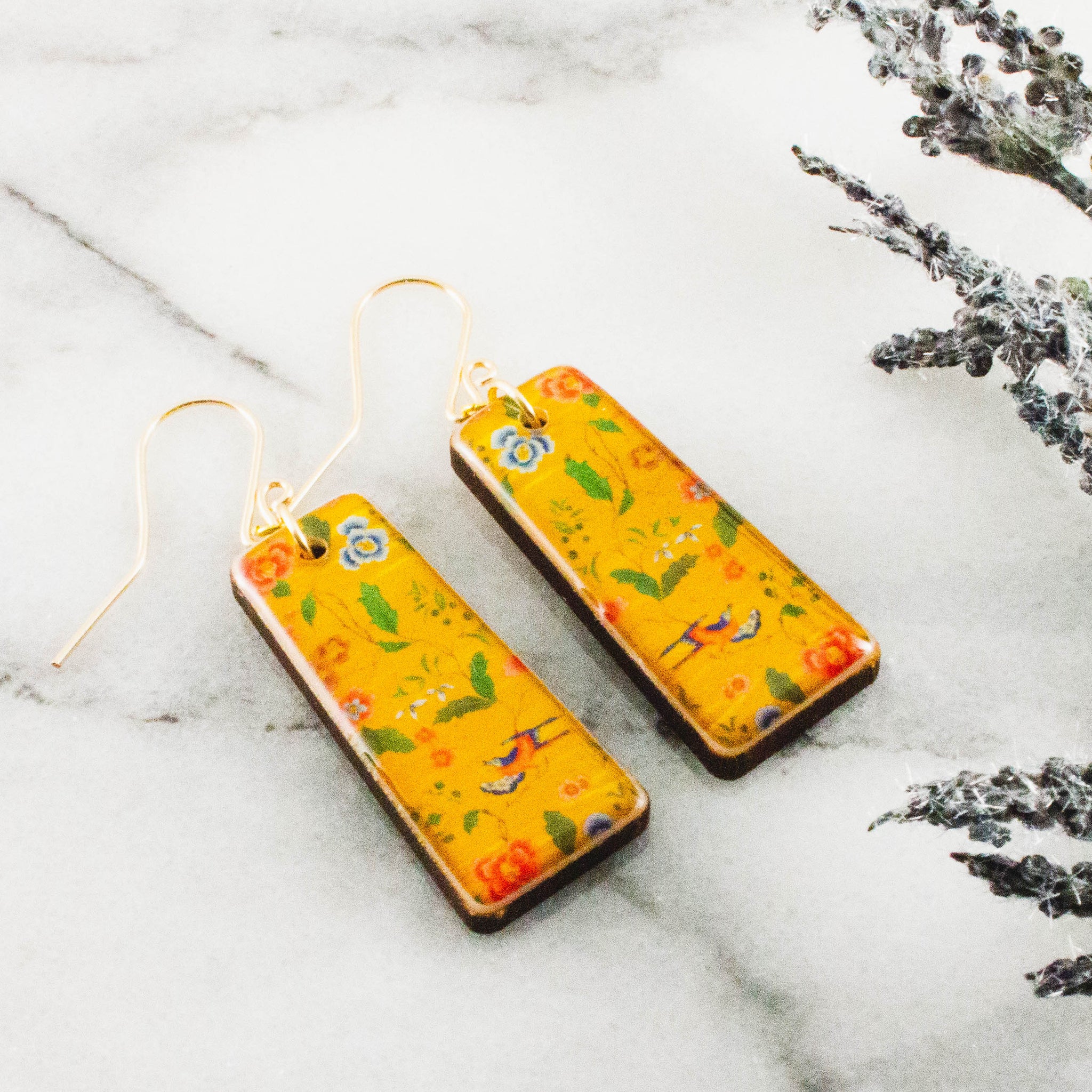 Bright Gold Floral Tapered Rectangle Earrings