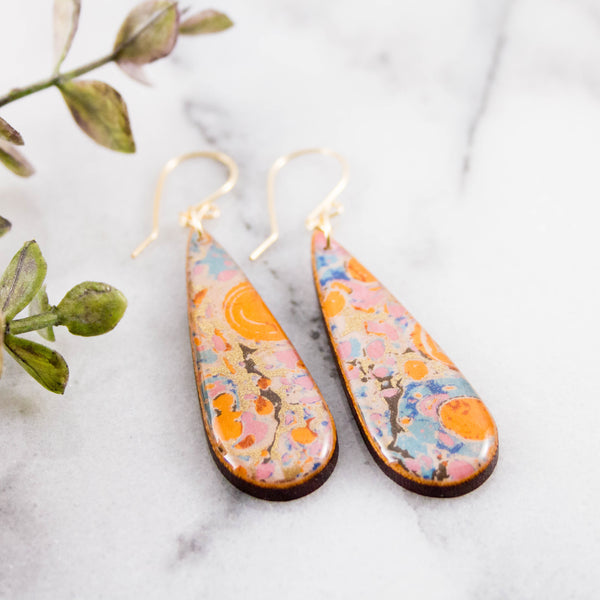 Orange + Aqua Marble Teardrop Earrings