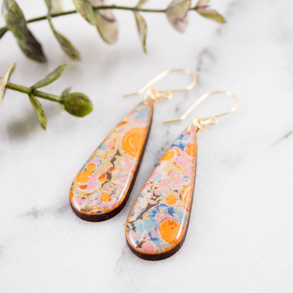 Orange + Aqua Marble Teardrop Earrings