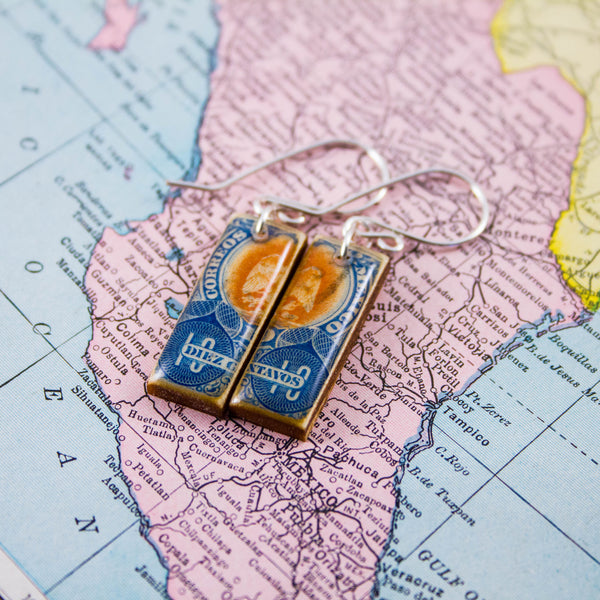 MEXICO- Antique Blue Postage Stamp Earrings