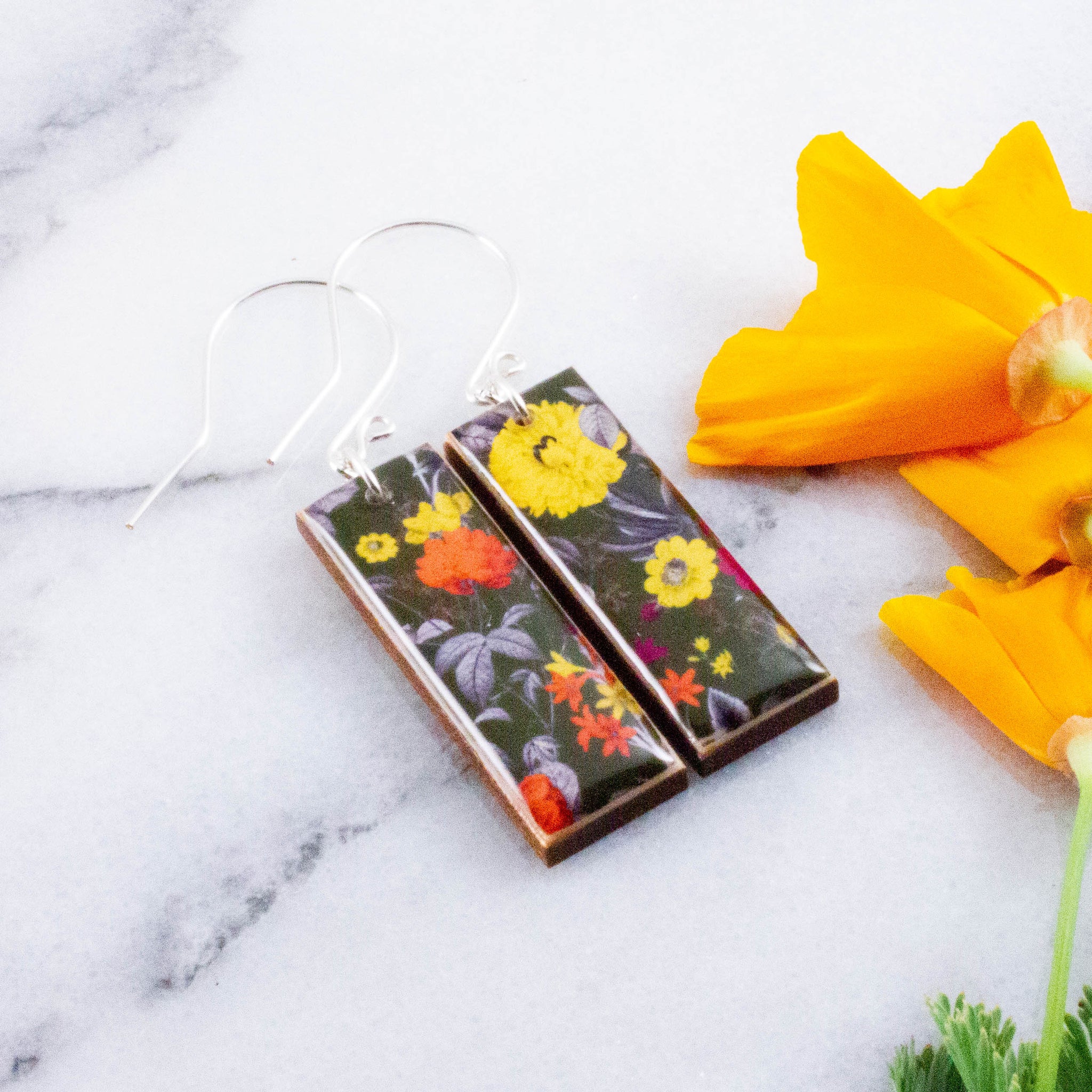 Autumn Olive Green Floral Rectangle Earrings