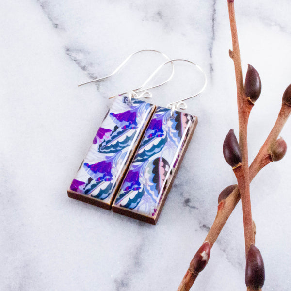 Midcentury Blue + Purple Leaf Print Rectangle Earrings