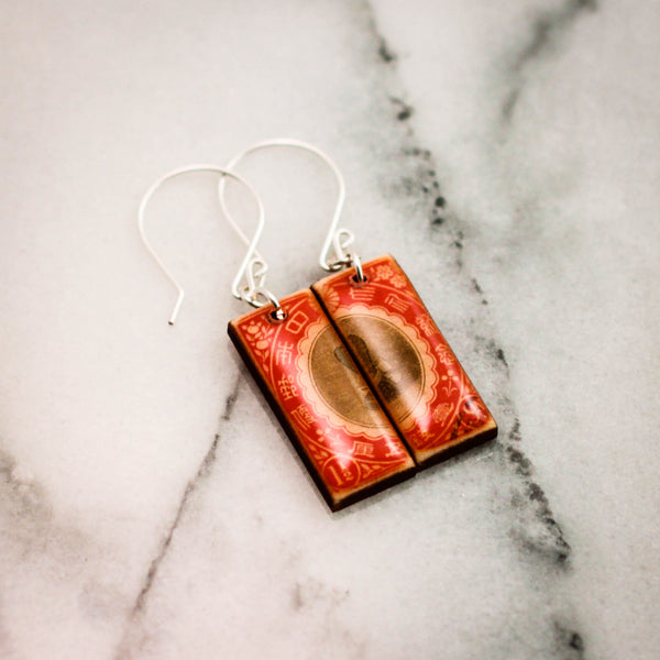 JAPAN- Antique Postage Stamp Red Medallion Earrings