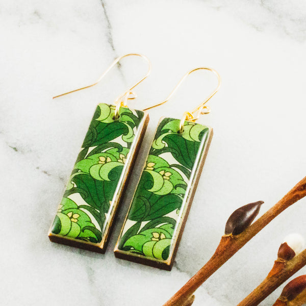 Vivid Green Art Nouveau Floral Rectangle Earrings