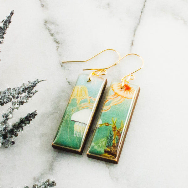 Aqua Jellyfish Rectangle Earrings