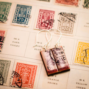 AUSTRIA- Vintage Postage Stamp Lavender + Pink Earrings