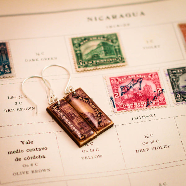 NICARAGUA- Antique Postage Stamp Purple Earrings
