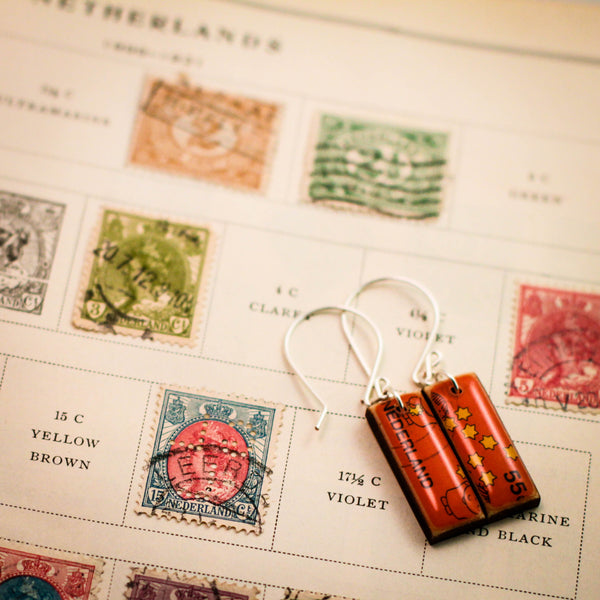NETHERLANDS- Vintage Postage Stamp Children + Stars on Orange Earrings