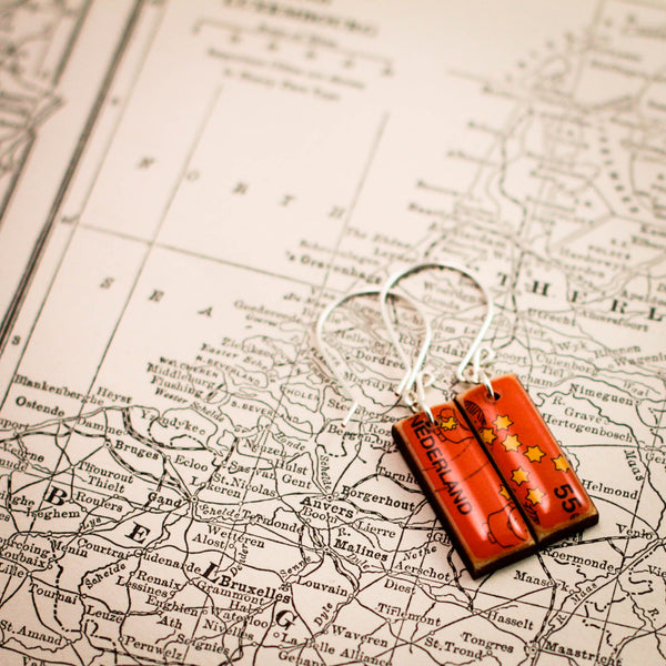 NETHERLANDS- Vintage Postage Stamp Children + Stars on Orange Earrings