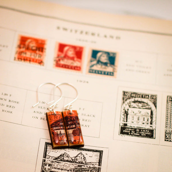 SWITZERLAND- Vintage Postage Stamp Coral Chalet Earrings