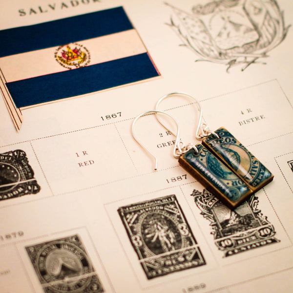 EL SALVADOR- Antique Postage Stamp Deep Blue Earrings