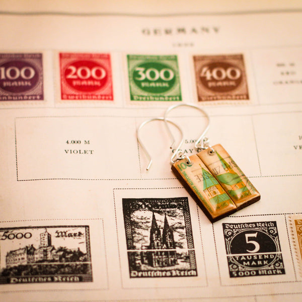 GERMANY- Vintage Postage Stamp Castle Earrings
