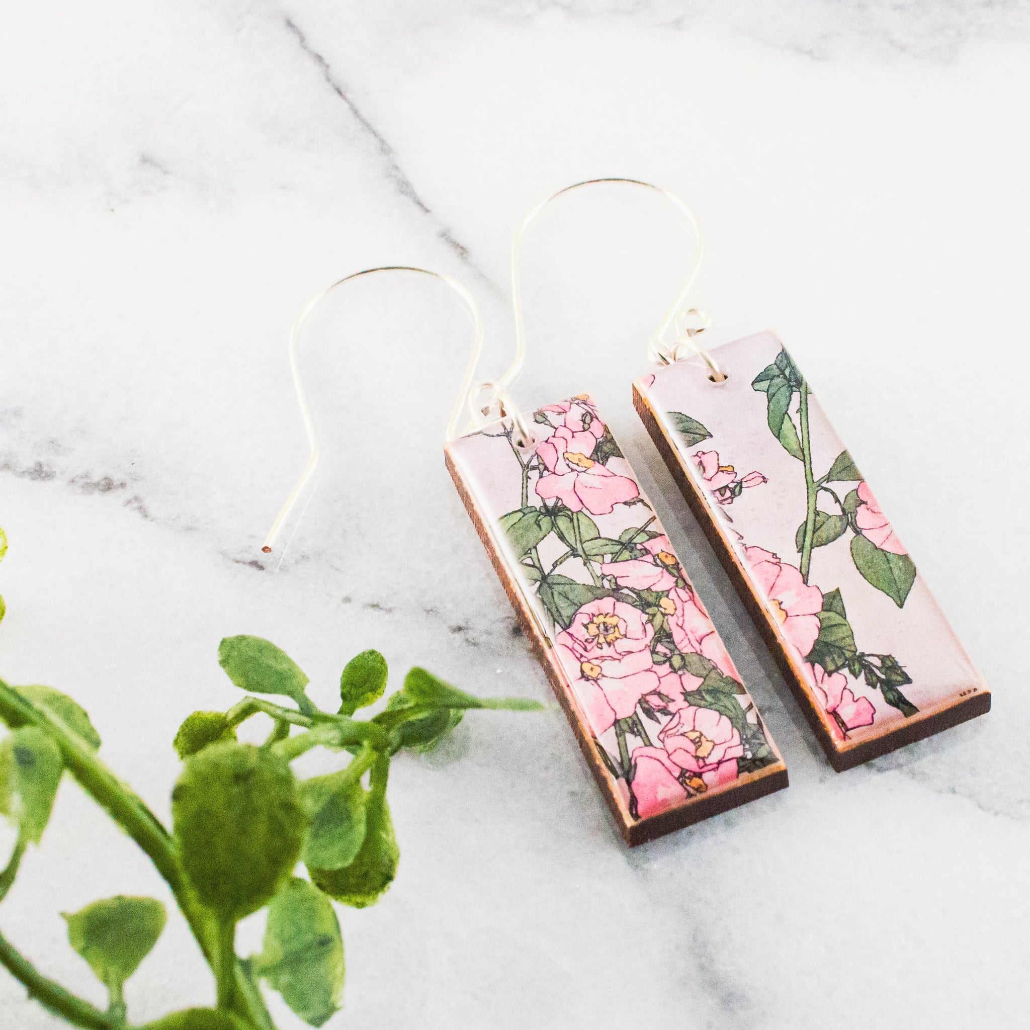 Pink Japanese Flower Garden Rectangle Earrings