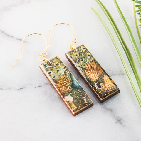Peacock + Hens Rectangle Earrings