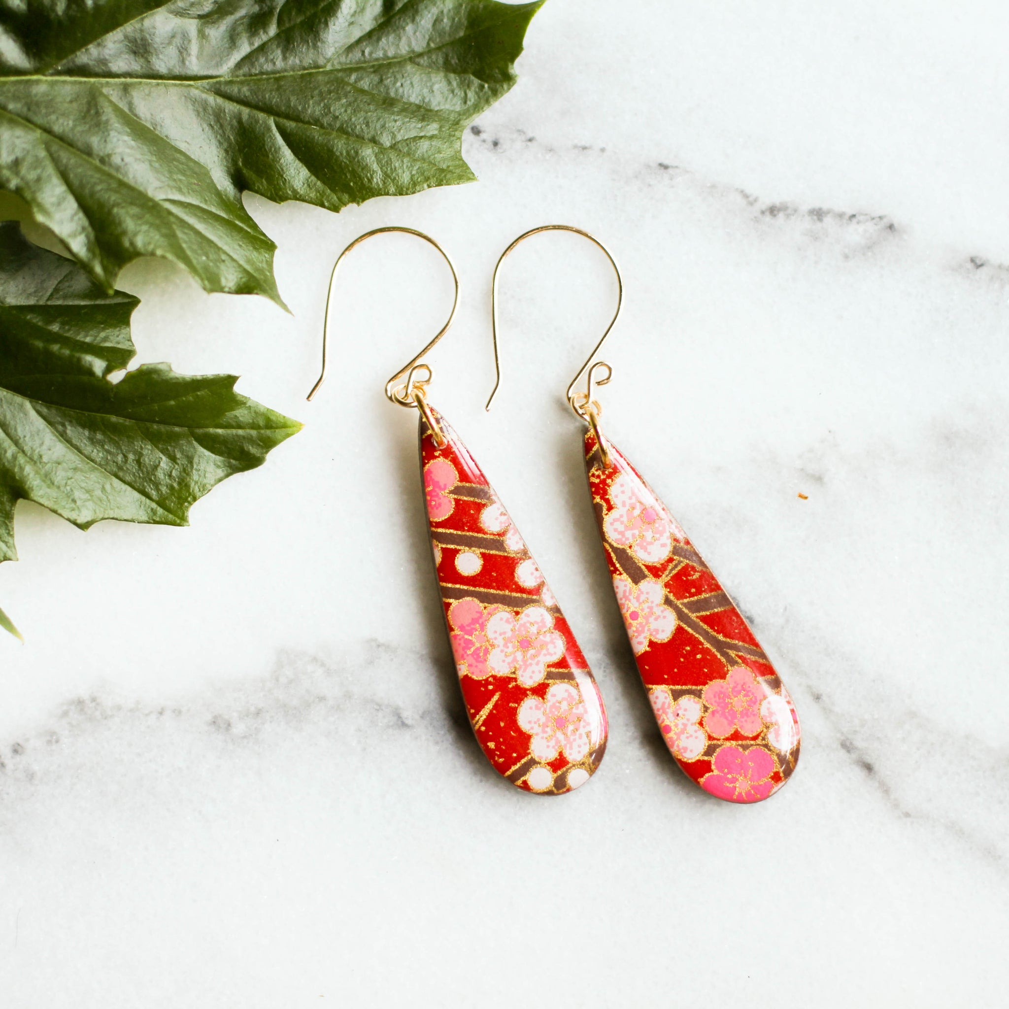Teardrop Red Cherry Blossom Japanese Paper Earrings - No Man's Land Artifacts