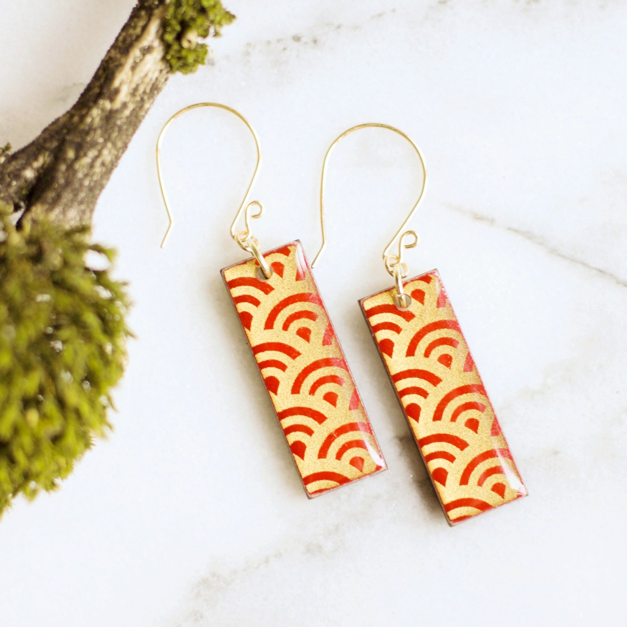 Red and Gold Wave Japanese Paper and Wood Earrings - No Man's Land Artifacts