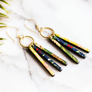 Japanese Collage Fringe Earrings... Green & Blue - No Man's Land Artifacts